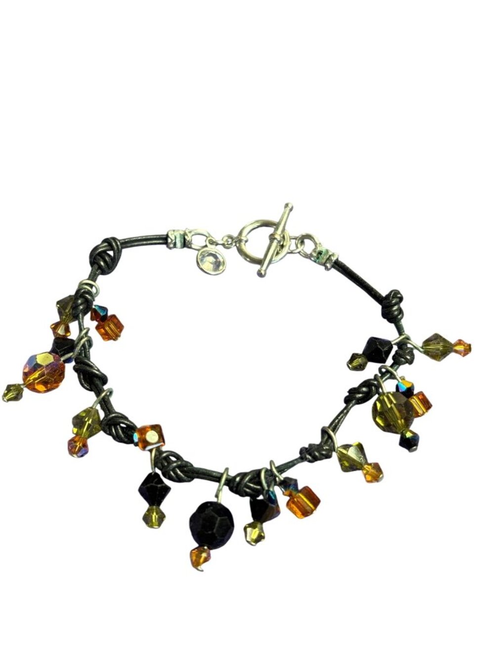 Knotted Black Cord Bracelet Glass Beaded Fringe Black Yellow Orange AB 7.25 inch